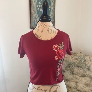 Burgundy T-shirt with Embroidery Flowers